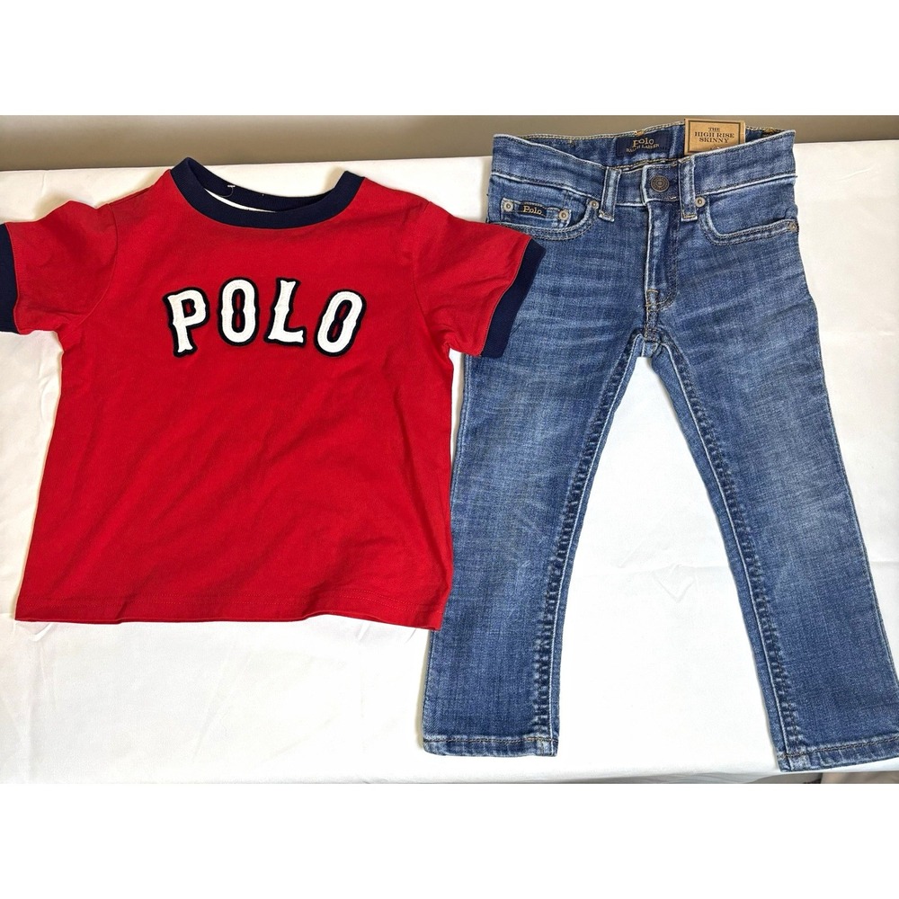 Polo Ralph Lauren Boys 2pc Outfit Set Red Logo T-Shirt Blue Jeans Size 2